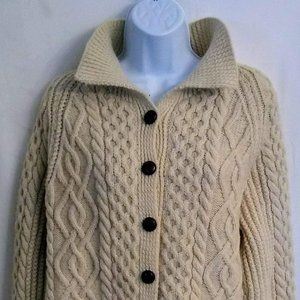 100% Wool Women's Cardigan Fisherman Sweater White